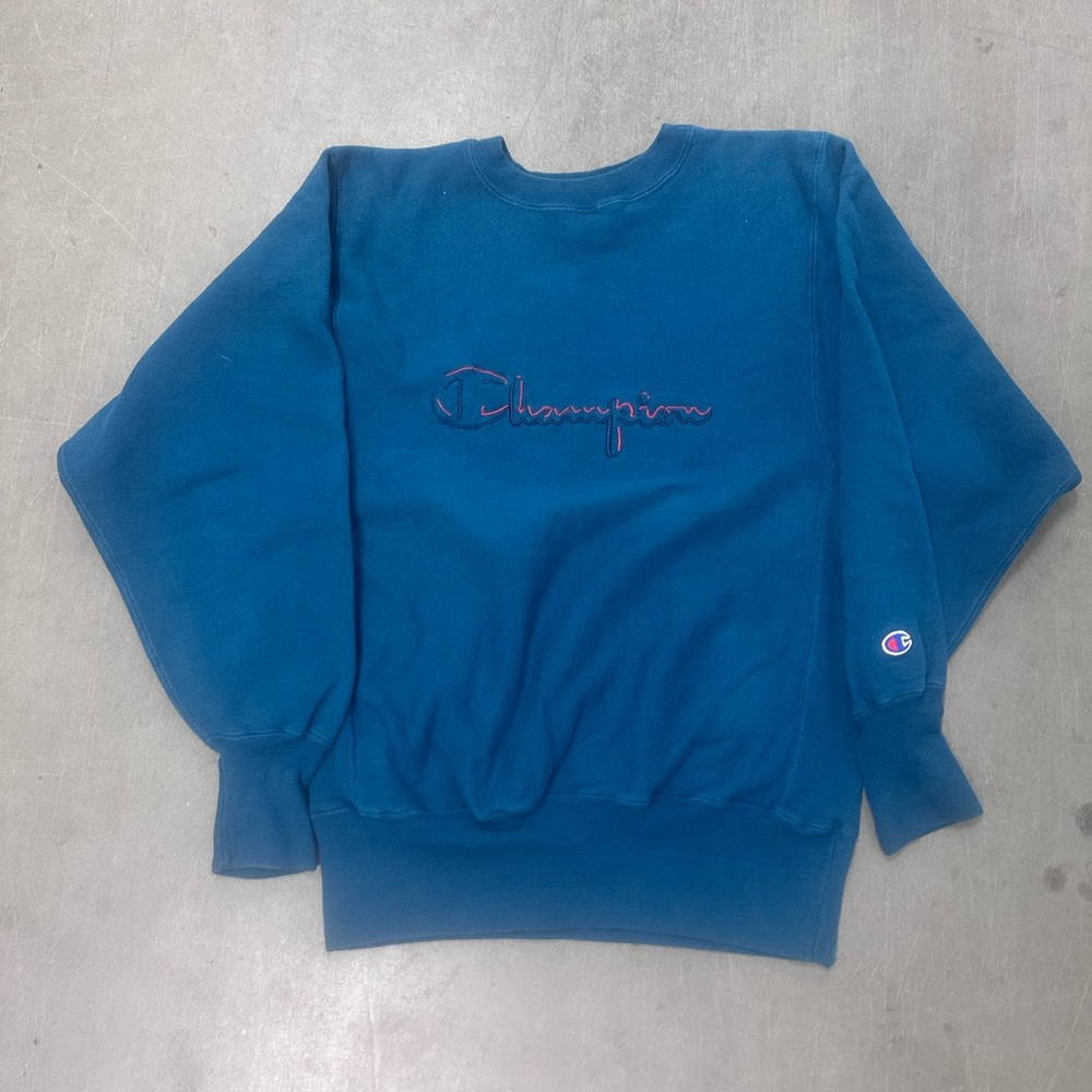 Vintage reverse wave Champion Teal Blue Embroidered Crewneck Sweatshirt